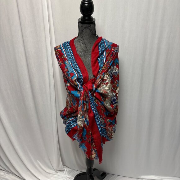 Red Blue Floral Scarf Fringed Ends Wrap Shawl Cover Up Versatile Styling - Picture 3 of 9